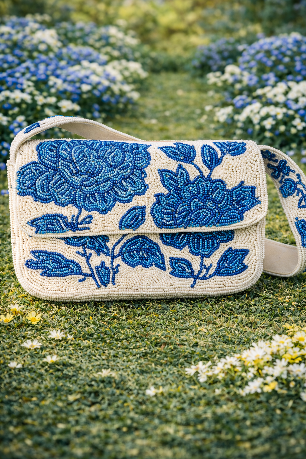 Beaded Compact Blue Shoulder Bag
