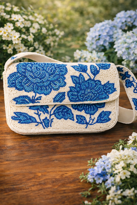 Beaded Compact Blue Shoulder Bag