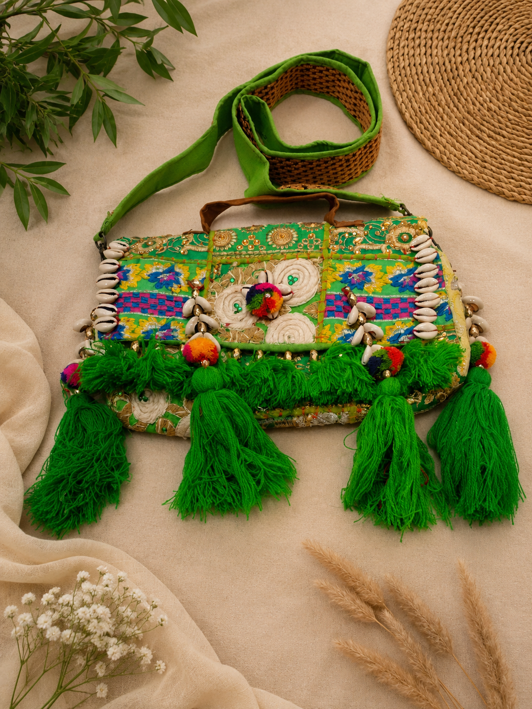 Green Patchwork Embroidered Banjara Sling Bag with Shells & Long Tassels