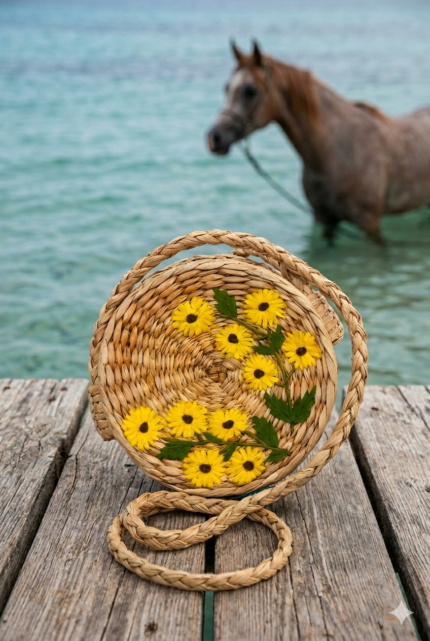 Round Manipuri Floral Handwoven Kauna Grass Sling Bag – Natural Handmade Crossbody with Yellow Flower Embroidery