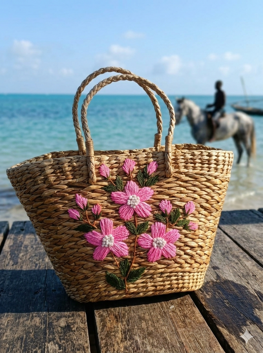 Large Manipuri Floral Handwoven Kauna Grass Shoulder Tote – Pure Natural Beach & Casual Carry Bag