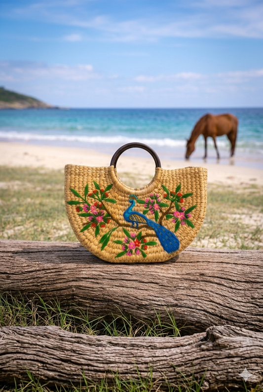 Handwoven Kauna Grass Carry Tote with peacock embroidery – Medium Handmade Shopping & boho look Bag