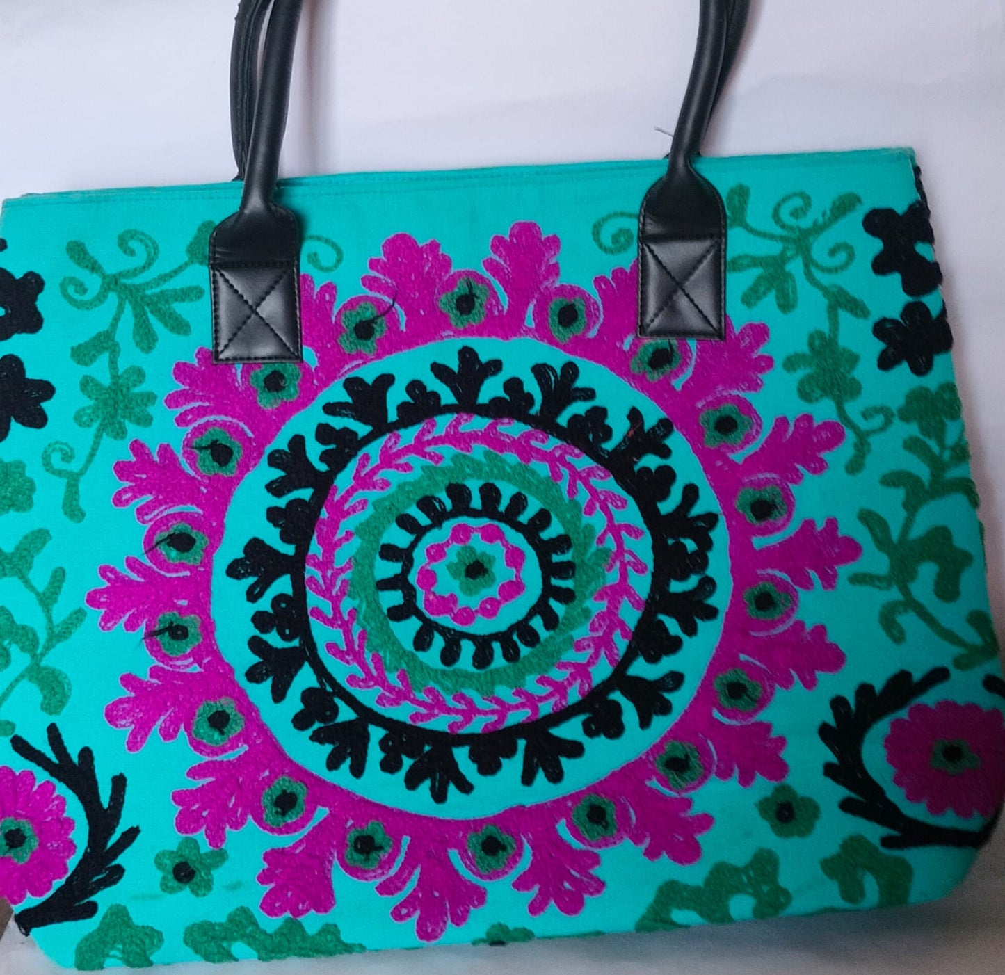 Suzani Embroidered Canvas Tote Bag – Expandable Bohemian Handcrafted Shoulder Bag