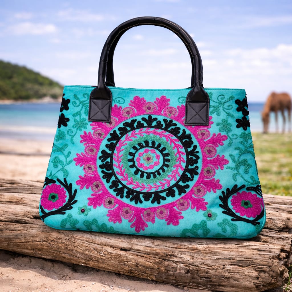 Suzani Embroidered Canvas Tote Bag – Expandable Bohemian Handcrafted Shoulder Bag
