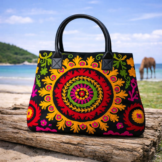 Suzani Embroidered Canvas Tote Bag – Expandable Bohemian Handcrafted Shoulder Bag