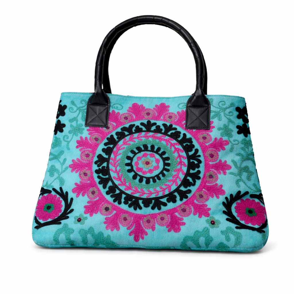Suzani Embroidered Canvas Tote Bag – Expandable Bohemian Handcrafted Shoulder Bag