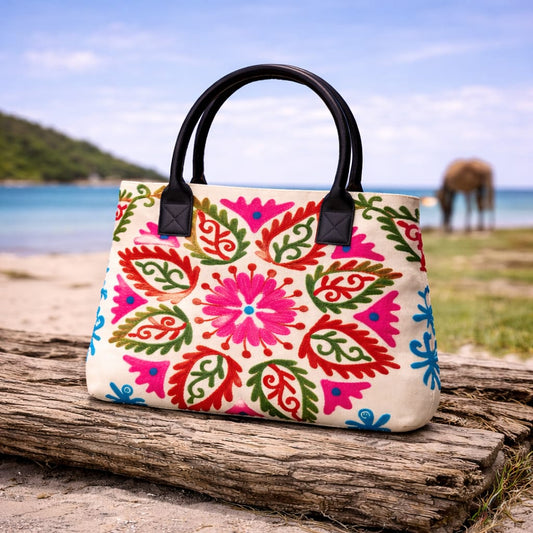 Suzani Embroidered Canvas Tote Bag – Expandable Bohemian Handcrafted Shoulder Bag