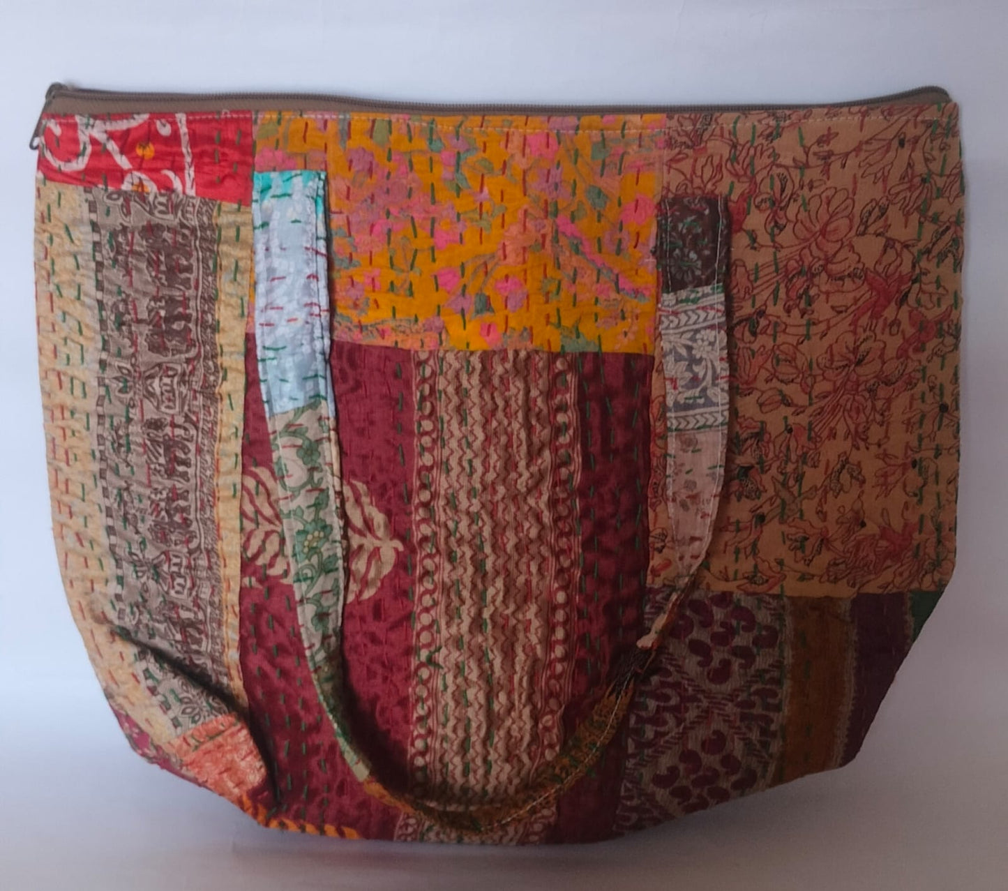 Patchwork Kolkatta Mustard Yellow Beige  Kantha Stitch Cotton Tote Bag