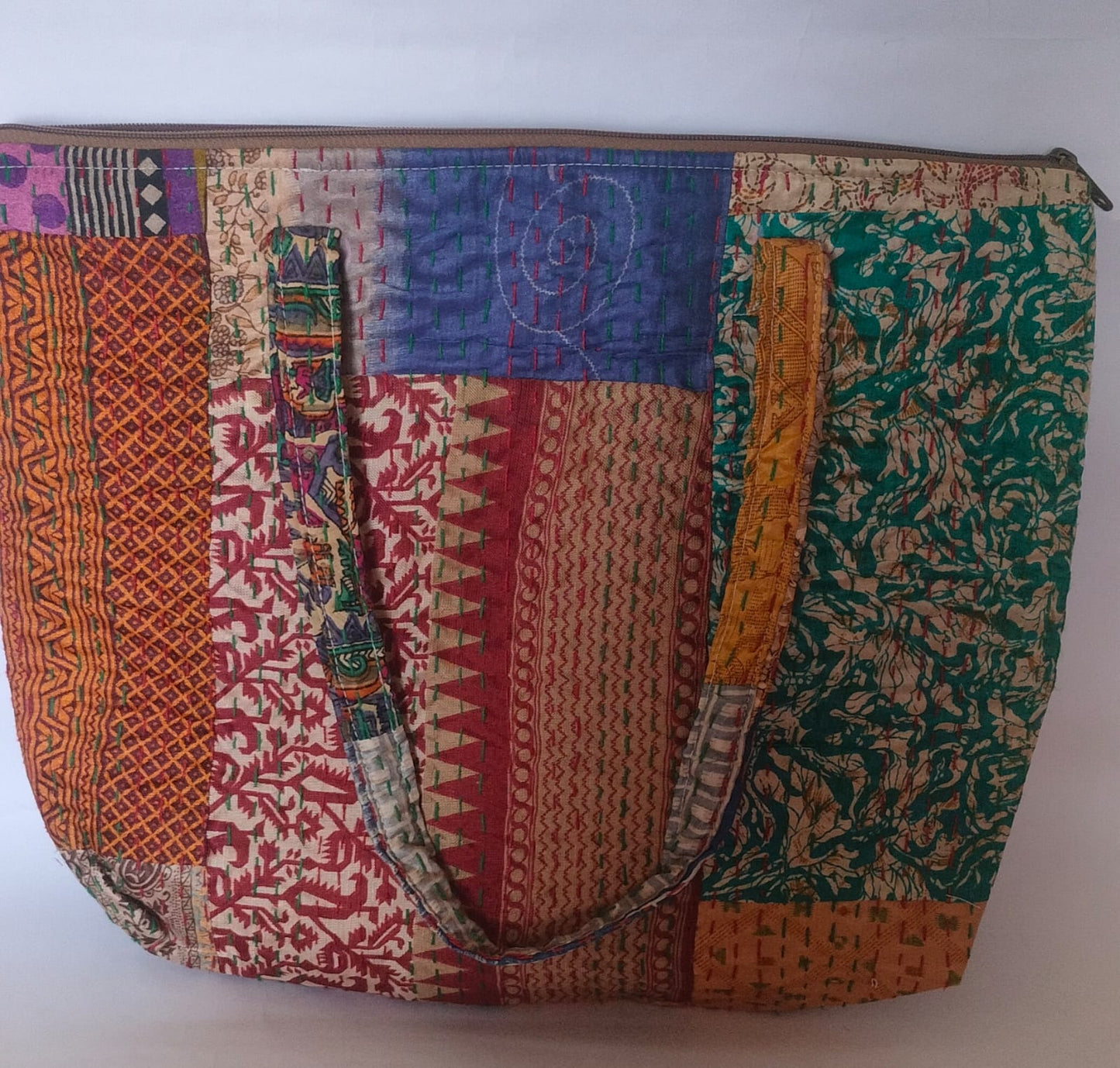 Patchwork Kolkatta Mustard Red Blue  Kantha Stitch Cotton Tote Bag