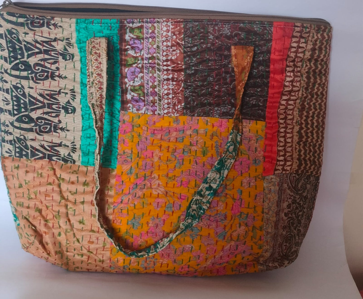 Patchwork Kolkatta Mustard Red Blue  Kantha Stitch Cotton Tote Bag