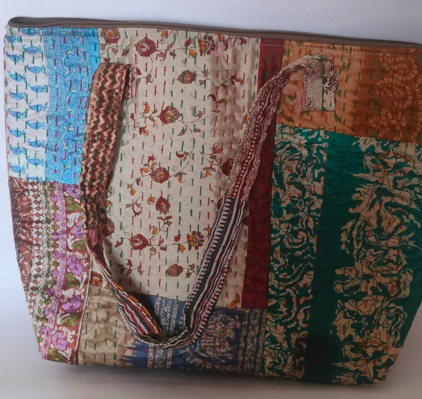 Patchwork Kolkatta Blue  Beige  Kantha Stitch Cotton Tote Bag