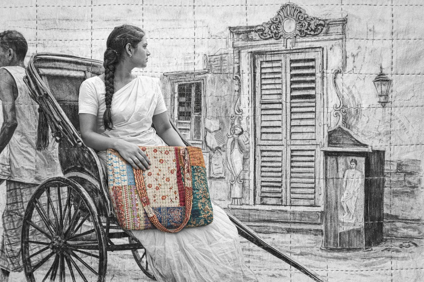 Patchwork Kolkatta Blue  Beige  Kantha Stitch Cotton Tote Bag