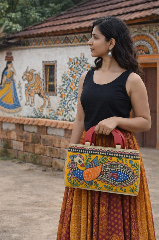 Madhubani peacock turning Painted Statement Bag