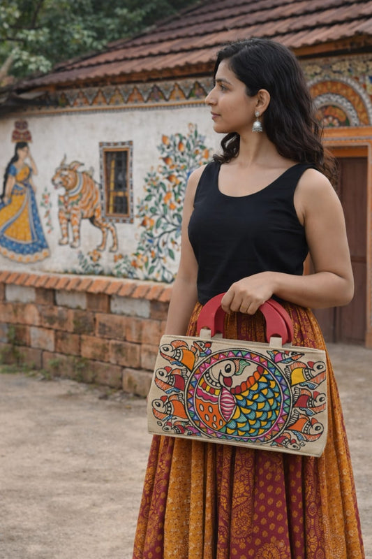 Madhubani 8Peacock Painted Statement Bag