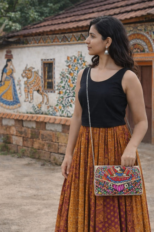 Madhubani Lady Sitting Painted Sling Bag