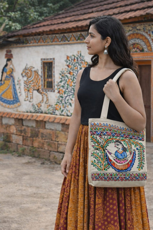 Madhubani ladySitting Painted Tote Bag