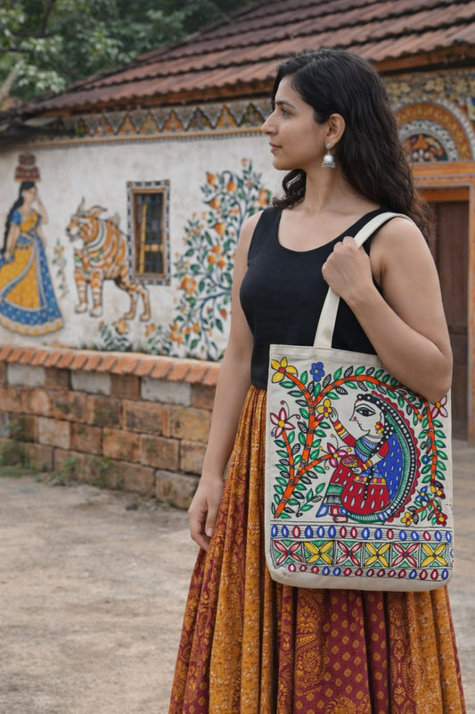 Madhubani ladyFlower Painted Tote Bag