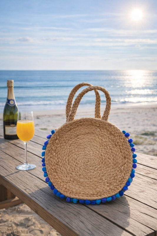 Azure Jute Bloom Round Handbag