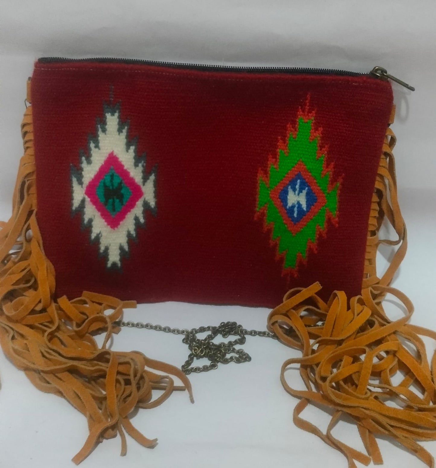 Cherry red Boho Weave Sling Bag with Fringe Details