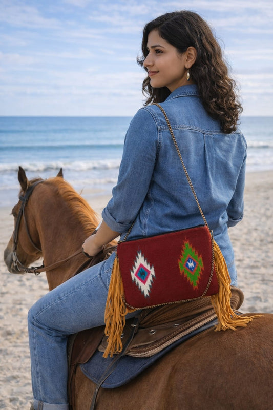 Cherry red Boho Weave Sling Bag with Fringe Details