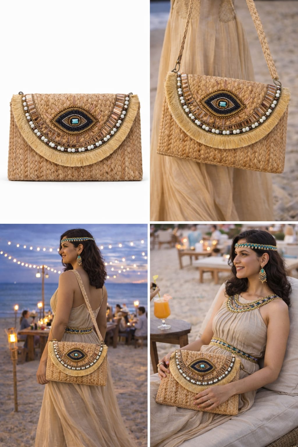 Light Brown Boho Evil Eye Handwoven Bag