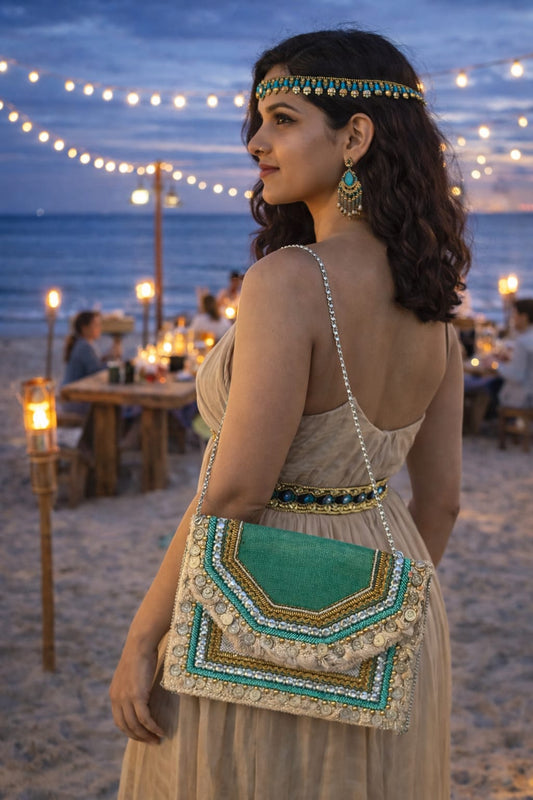 Green  Embellished Boho  Big Sling Bag