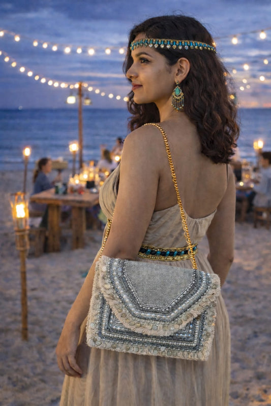 English Grey Embellished Boho  Big Sling Bag