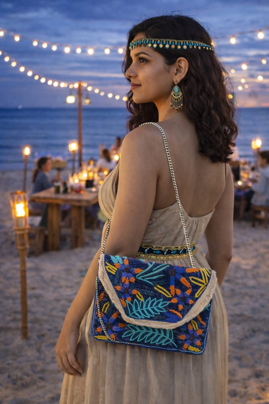 Midnight Blue Embroidered Boho Big Sling Bag