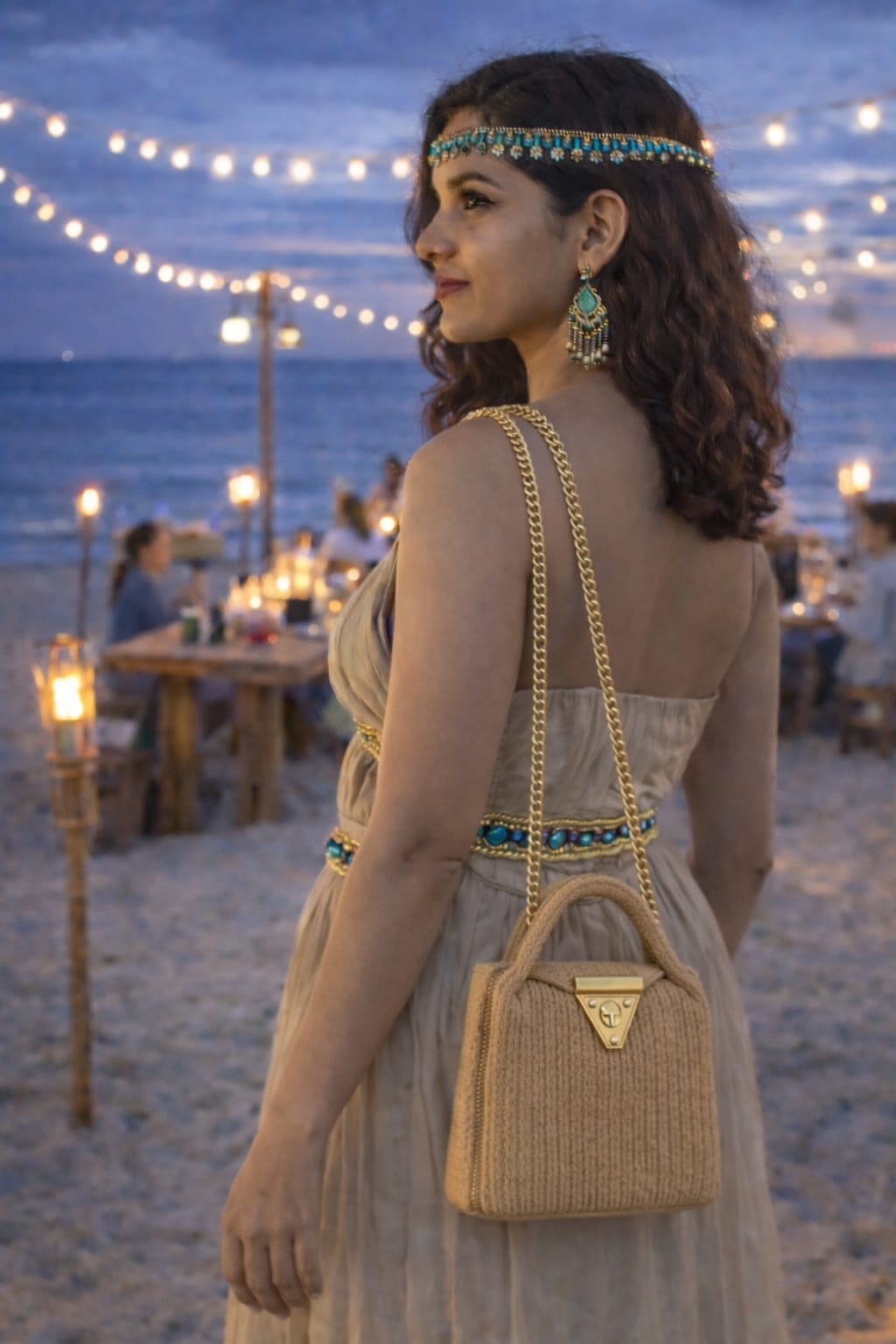Natural Beige Cotton Rope Mini Sling Bag (Gold Chain)