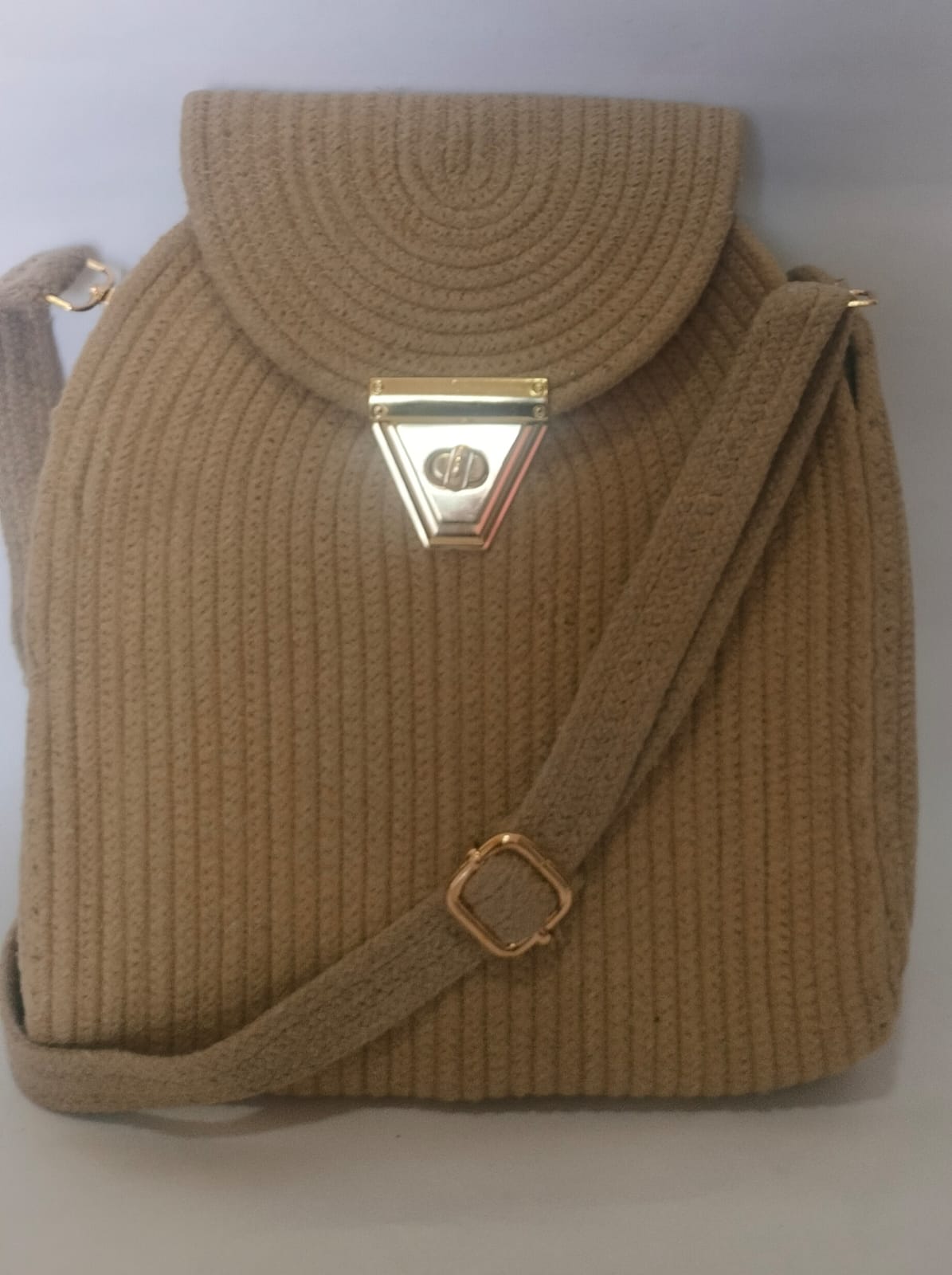 Beige Cotton Rope Sling Handbag – Structured Everyday Bag (11.5” h x 7”)