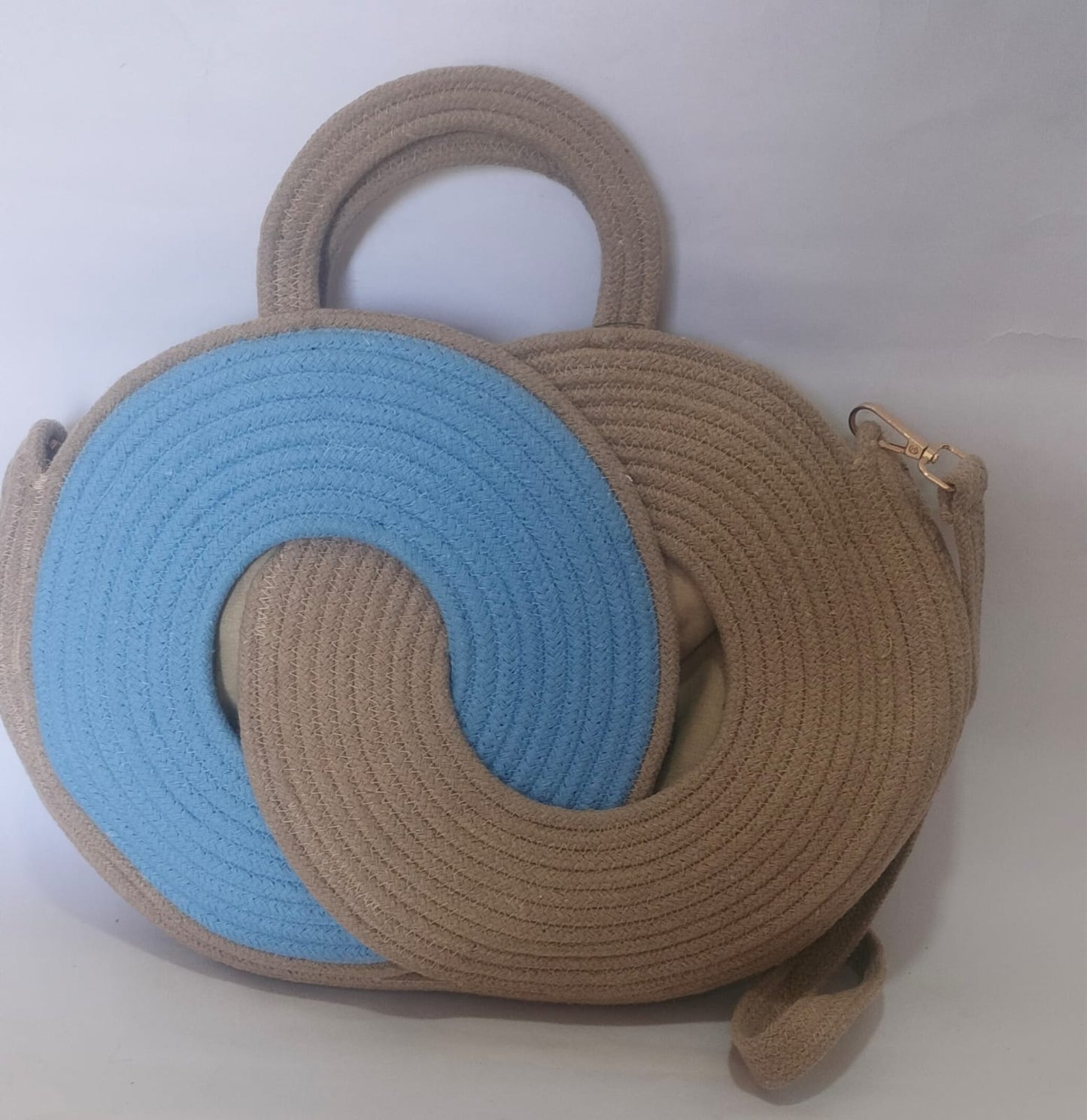 Premium Cotton Rope Office Sling Handbag – Beige & Powder Blue (13” B x  H 9”)