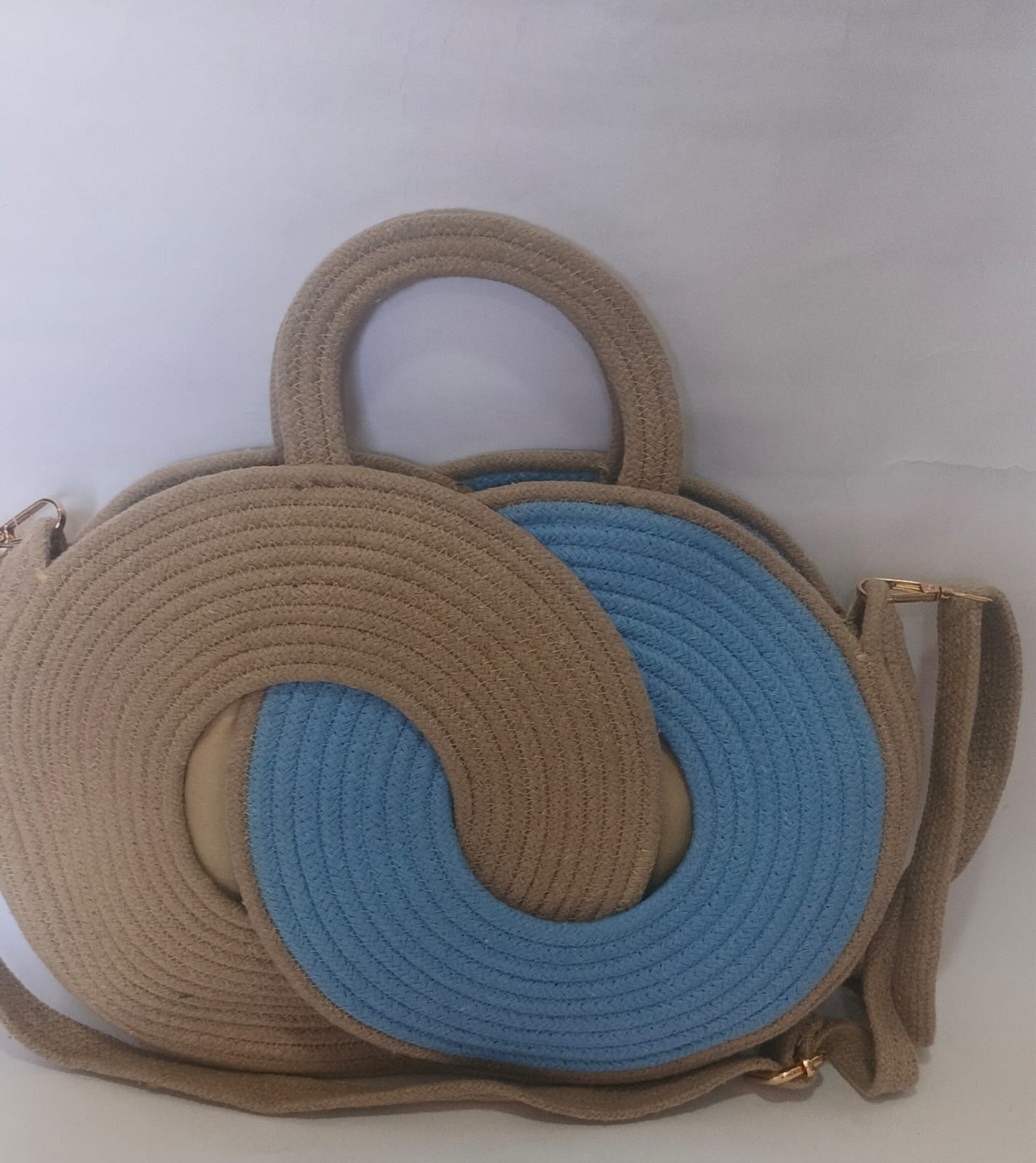 Premium Cotton Rope Office Sling Handbag – Beige & Powder Blue (13” B x  H 9”)
