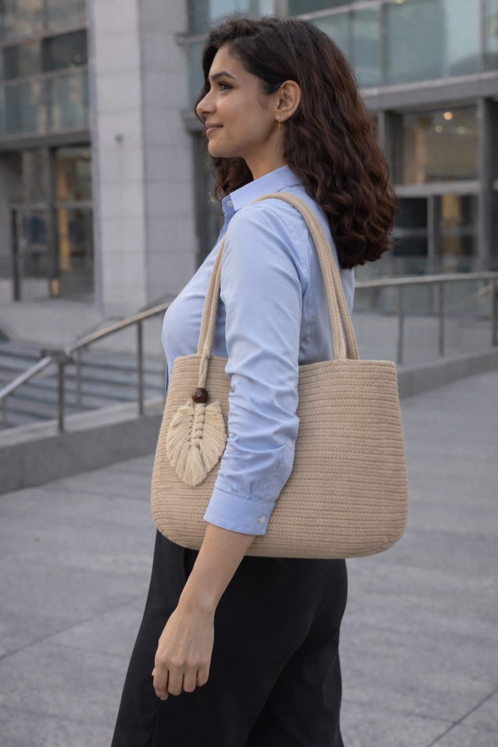 Beige Cotton Rope Shoulder Handbag – Elegant Office Tote (13” x h 9.5”)