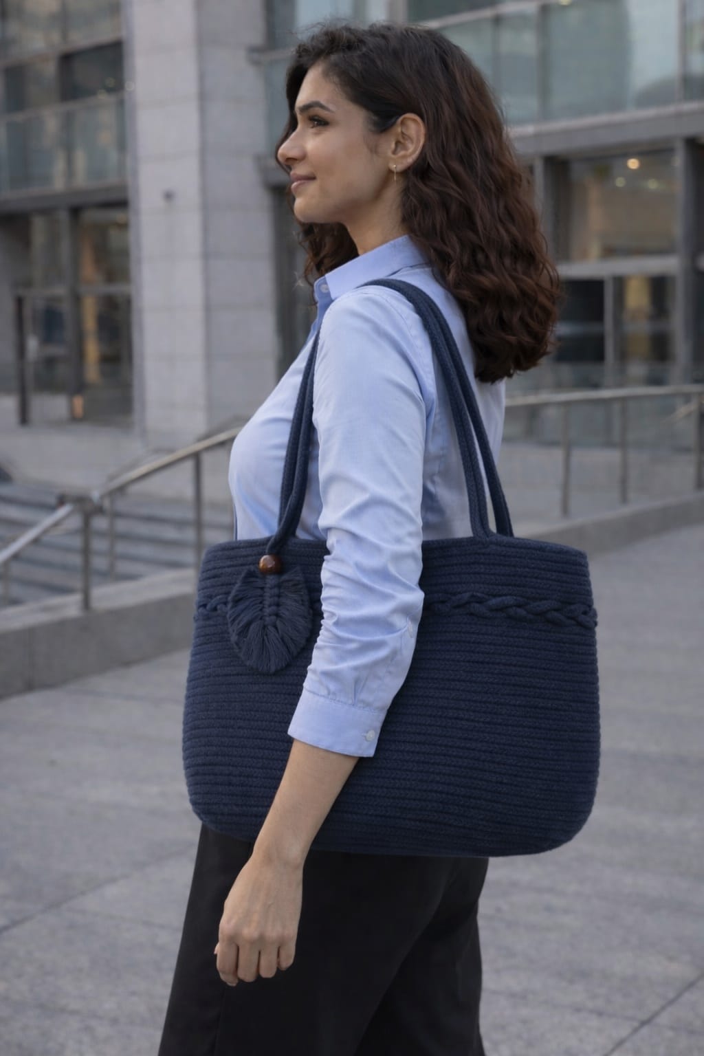 Navy blue Cotton Rope Shoulder Handbag – Elegant Office Tote (13” x h 9.5”)