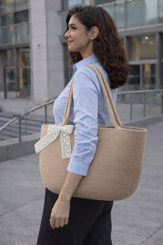 Elegant Beige Cotton Rope Tote Bag with Lace Accent – Structured Office Carry