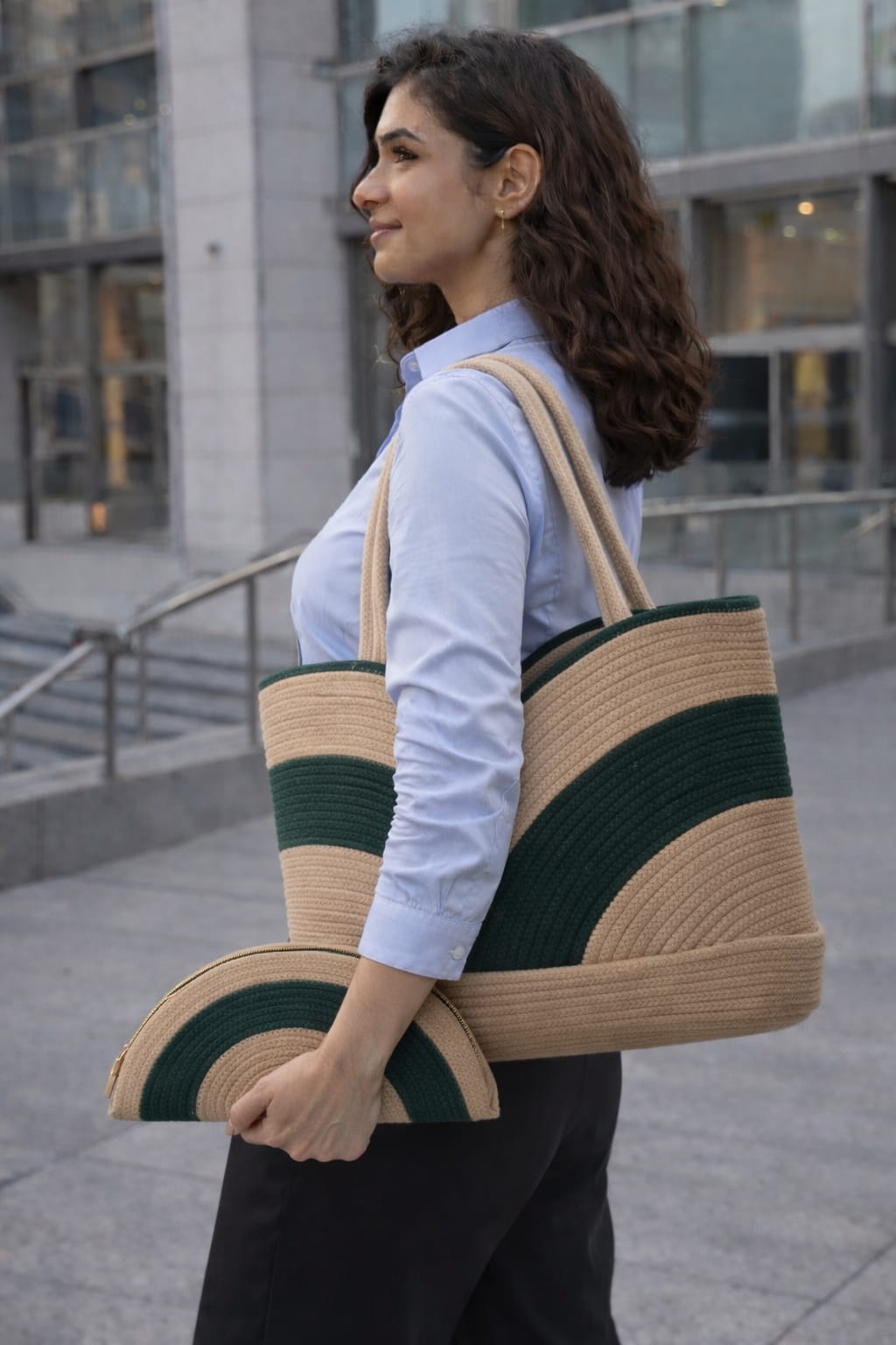 Beige & Forest Arc Cotton Rope Combo – Elegant Tote & Half-Moon Clutch Set