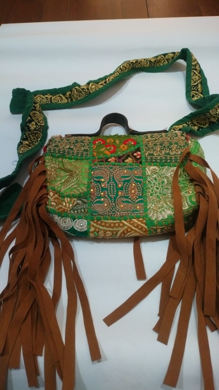 Handcrafted Green Patchwork Sling Bag with Tassels & Embellished Strap