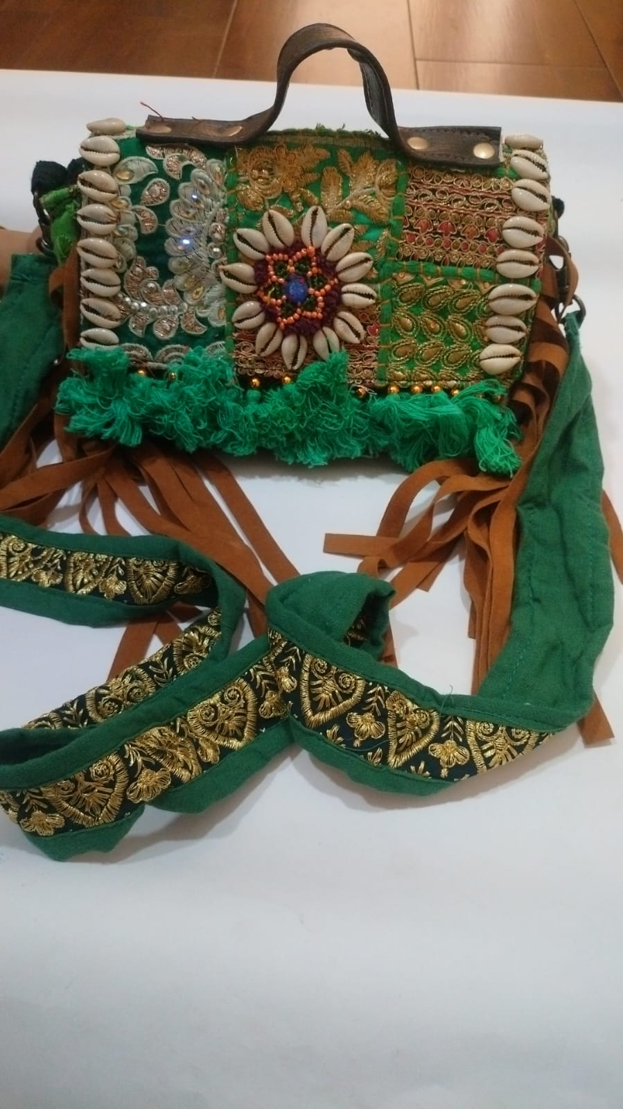 Handcrafted Green Patchwork Sling Bag with Tassels & Embellished Strap