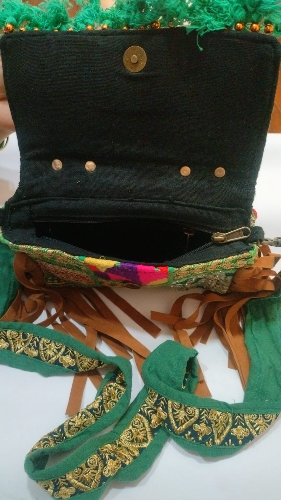 Handcrafted Green Patchwork Sling Bag with Tassels & Embellished Strap