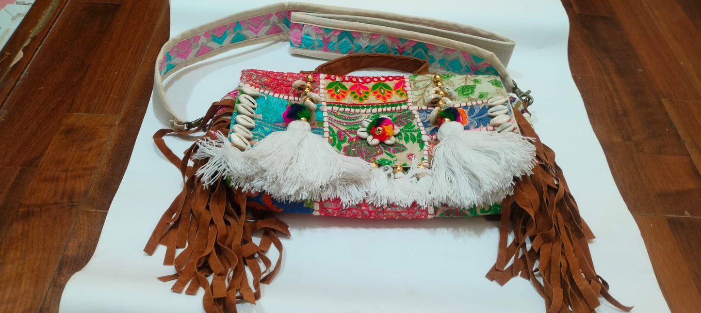 White Patchwork Banjara Big Sling Bag with White Tassels & Shells