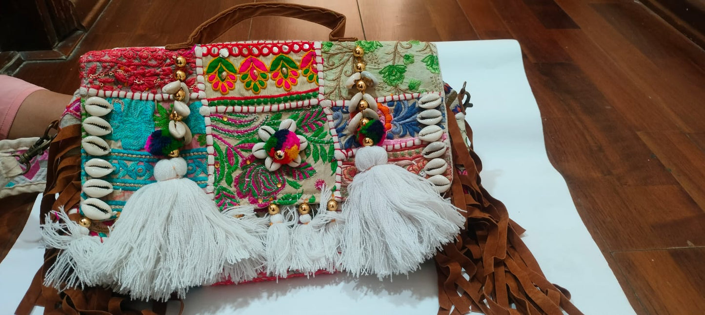White Patchwork Banjara Big Sling Bag with White Tassels & Shells