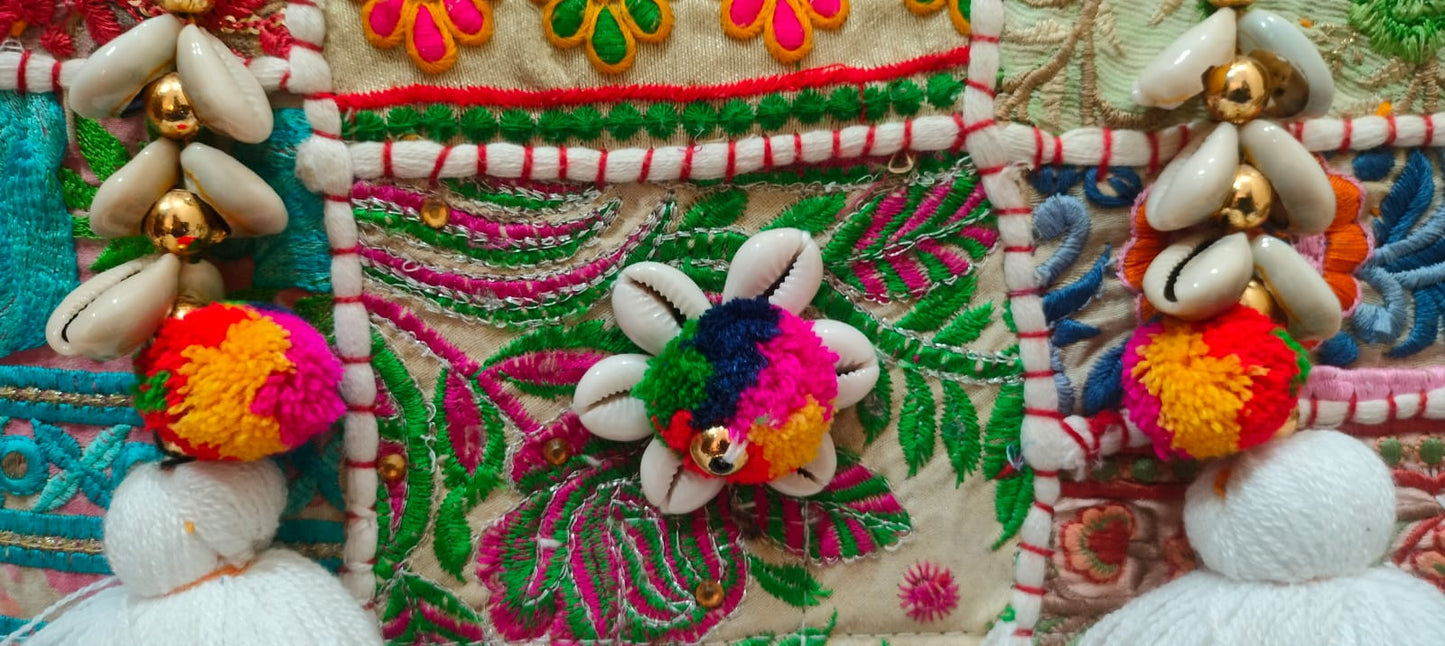 White Patchwork Banjara Big Sling Bag with White Tassels & Shells