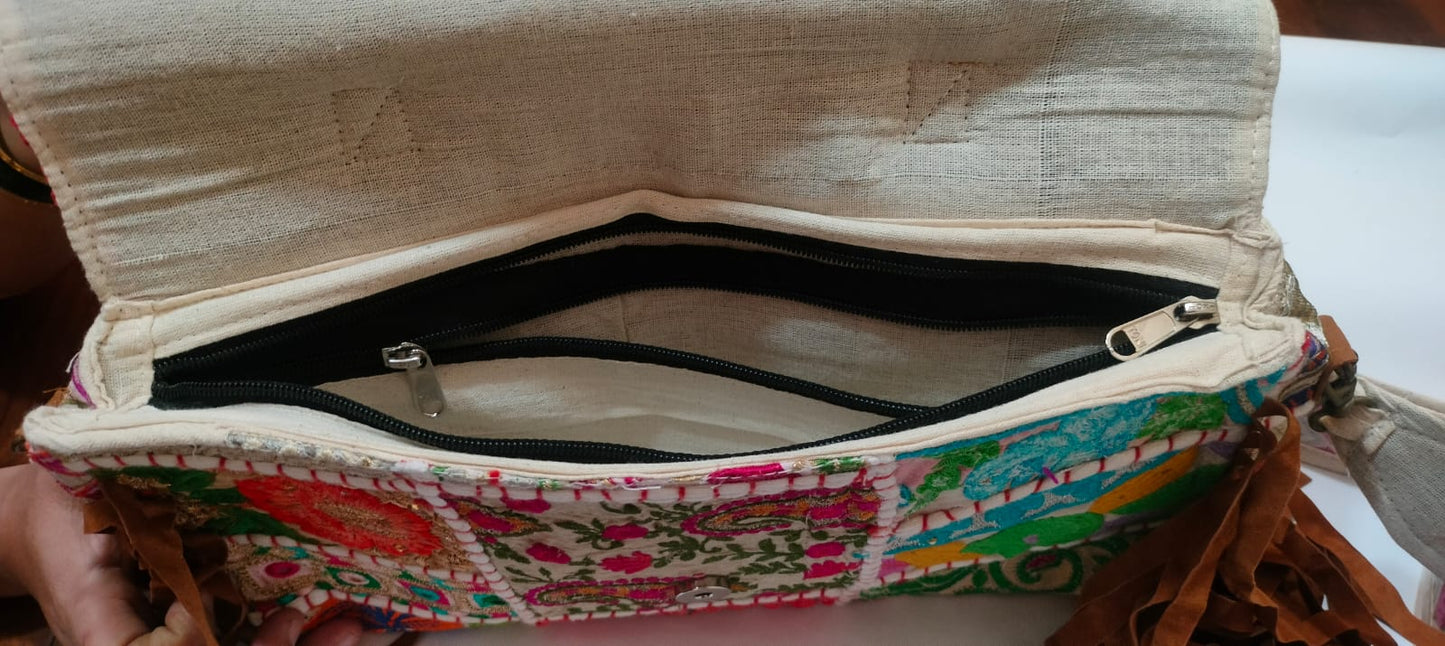 White Patchwork Banjara Big Sling Bag with White Tassels & Shells