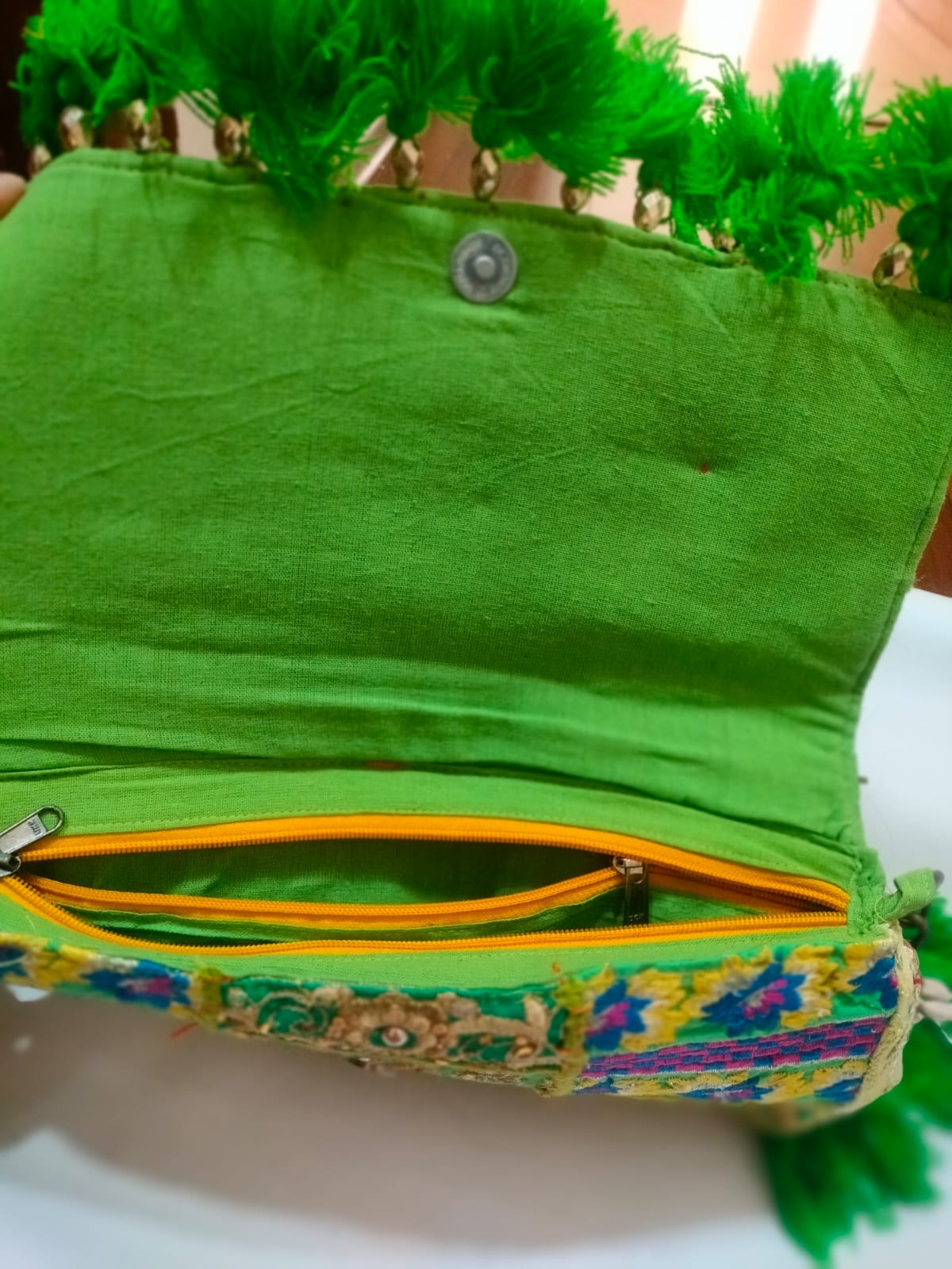 Green Patchwork Embroidered Banjara Sling Bag with Shells & Long Tassels