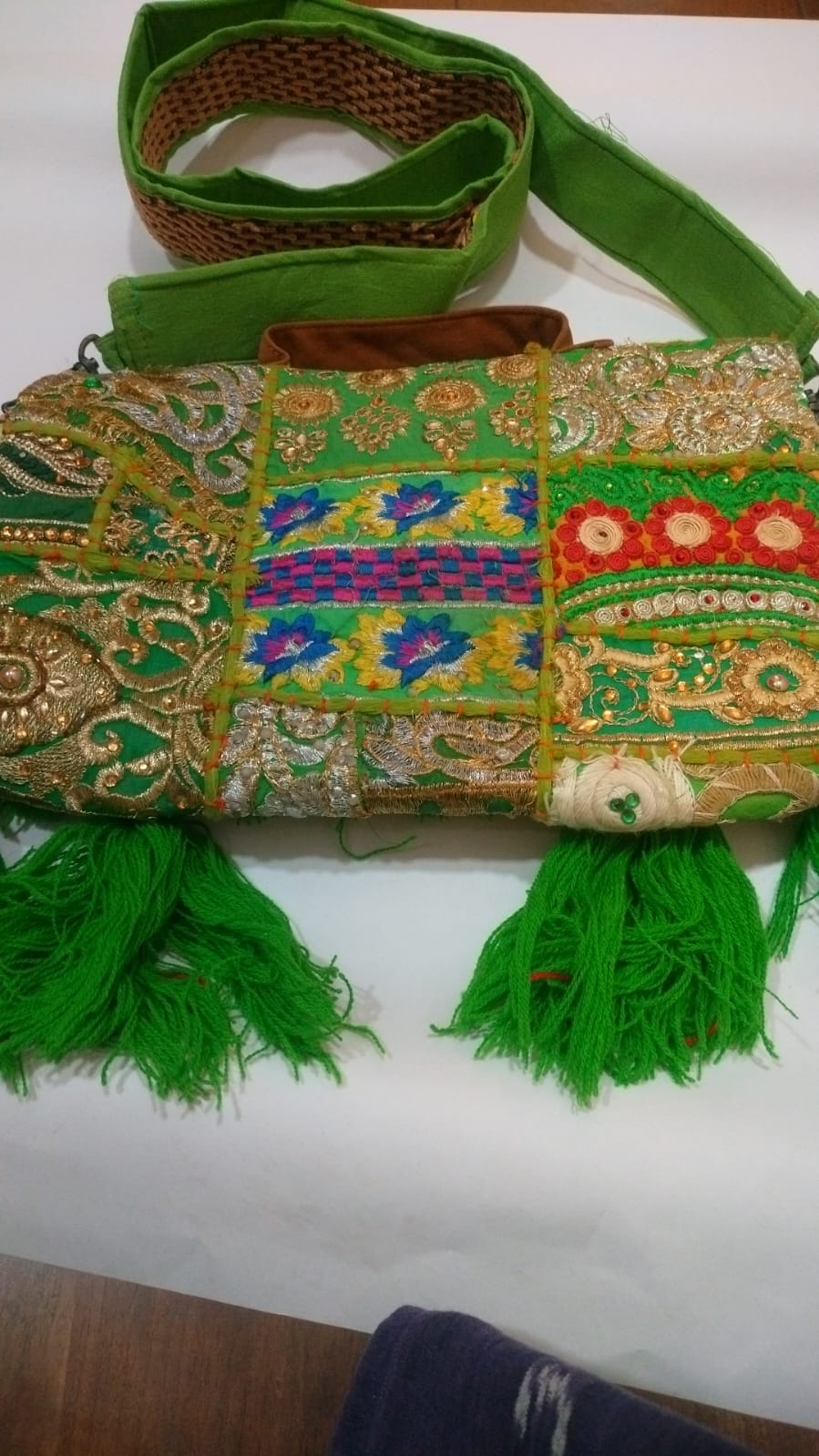 Green Patchwork Embroidered Banjara Sling Bag with Shells & Long Tassels