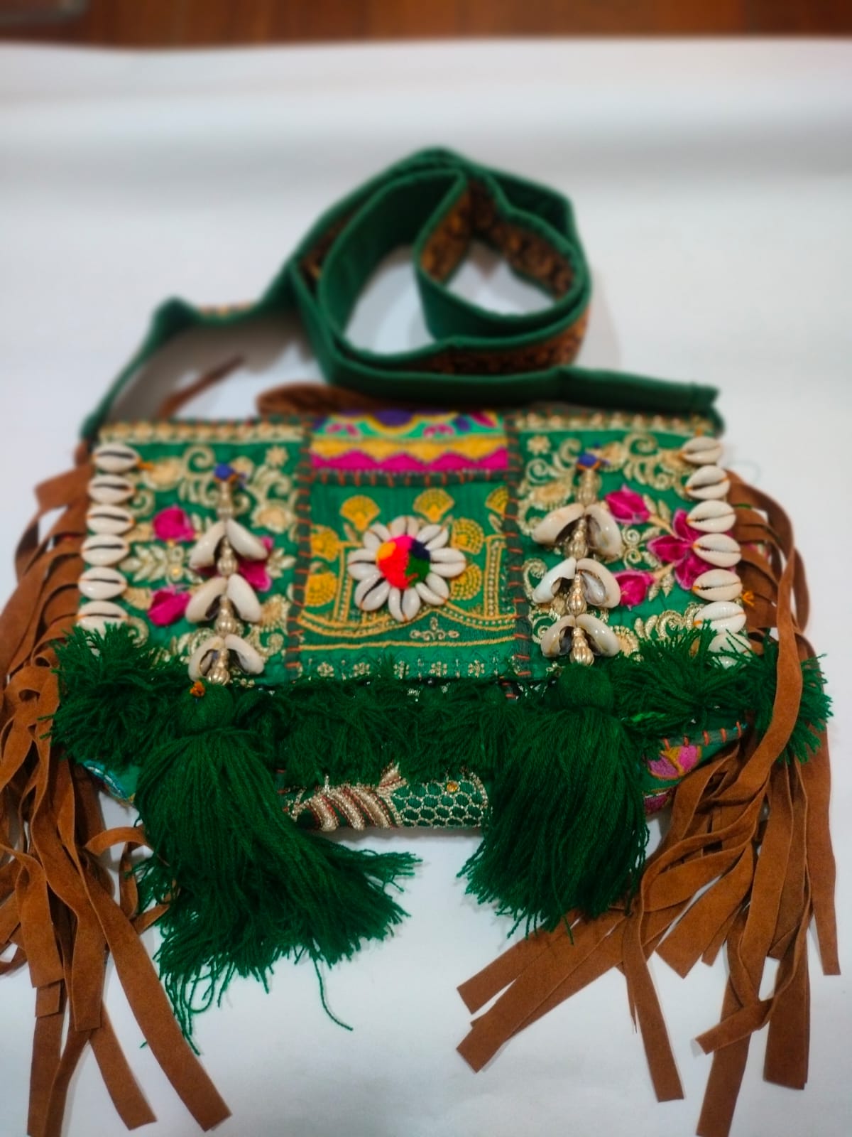 Bottle Green Patchwork Banjara Sling Bag with Green Tassel & Long Strap