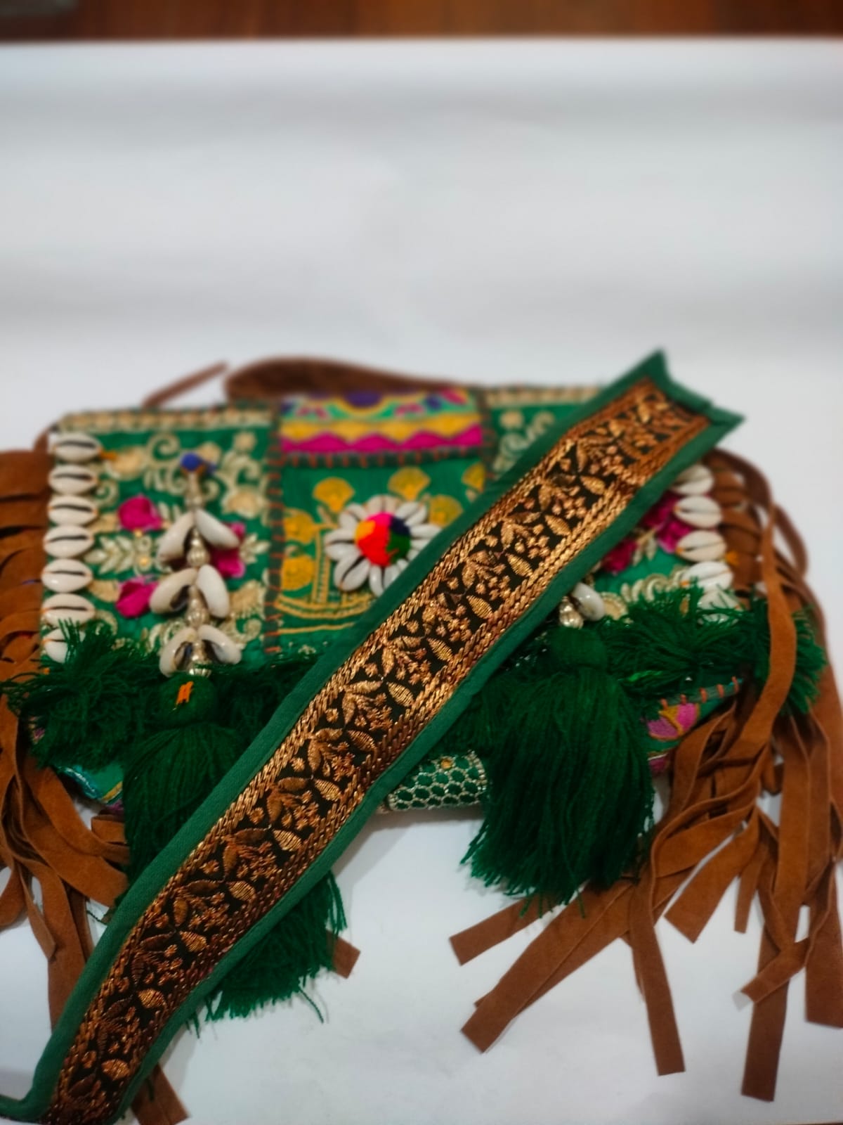 Bottle Green Patchwork Banjara Sling Bag with Green Tassel & Long Strap