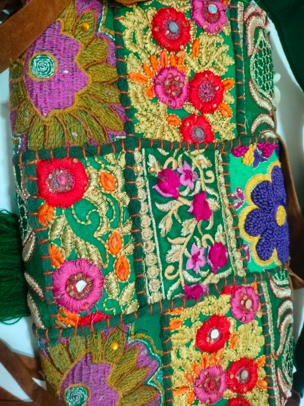 Bottle Green Patchwork Banjara Sling Bag with Green Tassel & Long Strap