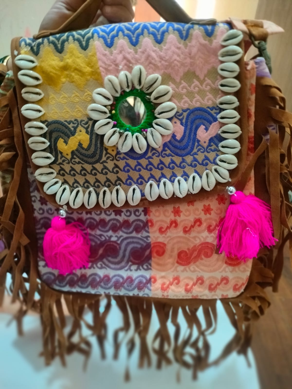 Peach Embroidered Banjara Backpack with Multicolor Sub-Beads & Dual Straps
