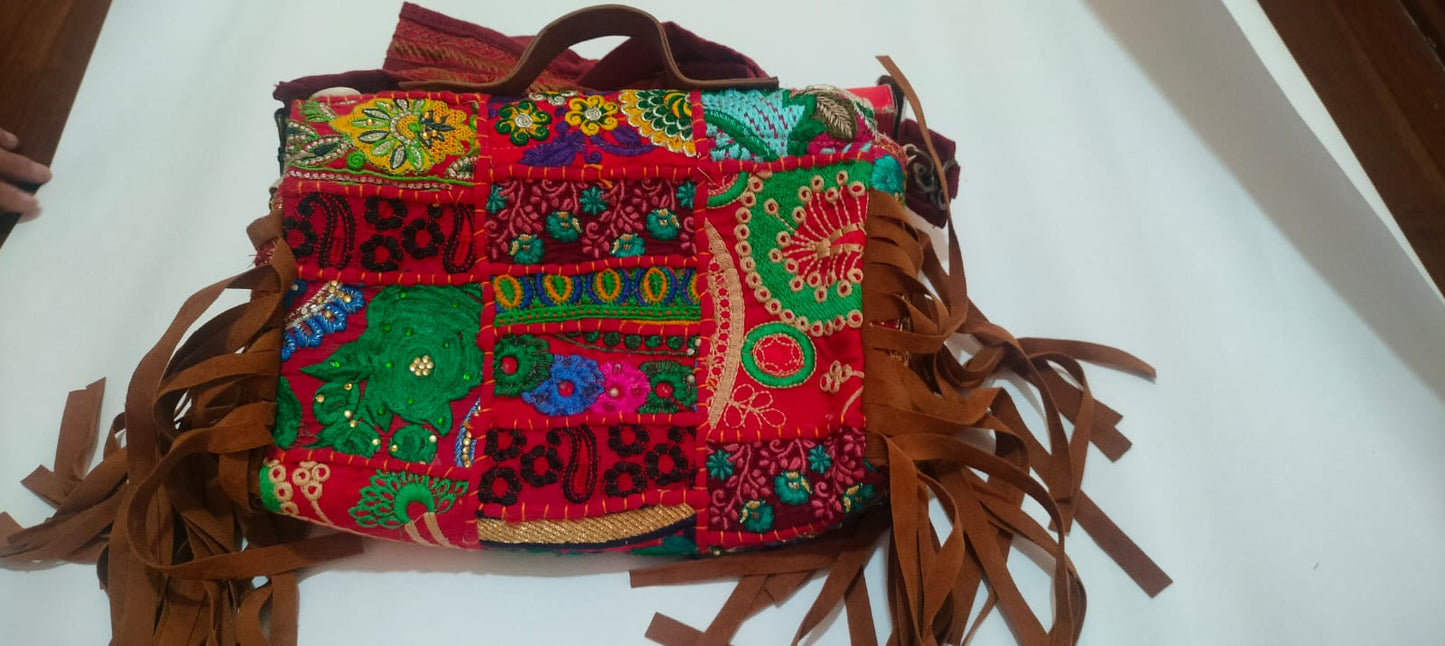 Shell Patchwork Boho Sling Bag – Dark Brown & Maroon BMRG | 8×11″ with Tassels & Cowrie Shells